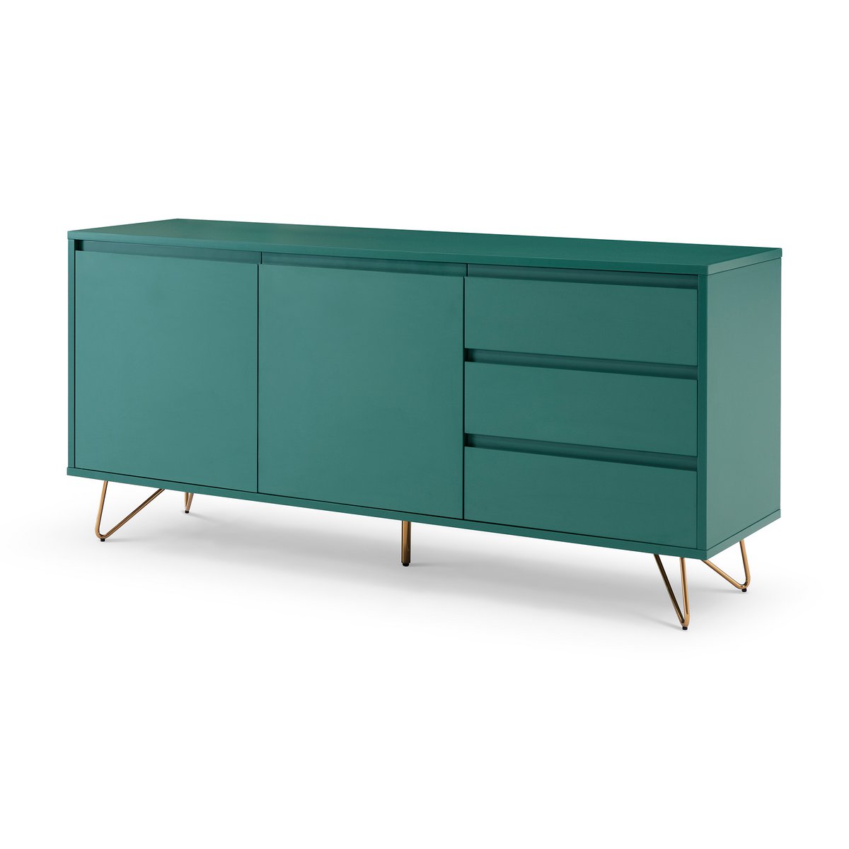 Scandinavisch dressoir groen – 2 deuren, 3 lades, gouden poten (150 cm)