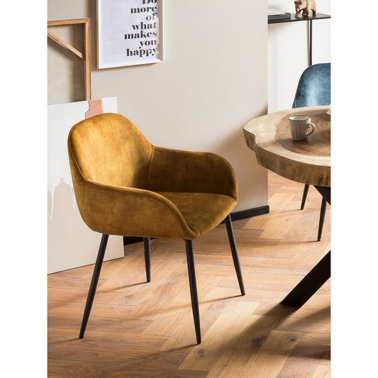 Set van twee SIT Möbel Armleuningstoelen in fluweel met zwarte metalen poten. Eén stoel is bruin, de andere geel, staand bij een houten eettafel.