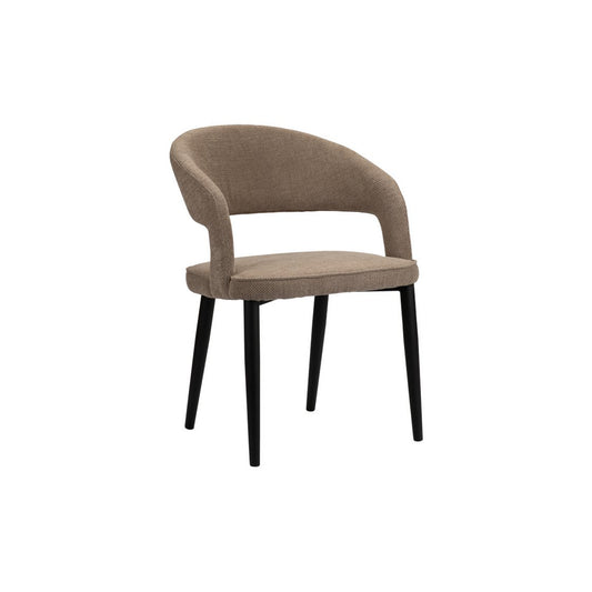 Set van twee bruine Pole To Pole Tusk eetkamerstoelen met zwart metalen frame, staand in een moderne interieuromgeving.