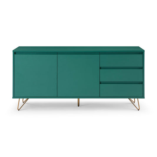 Scandinavisch dressoir groen – 2 deuren, 3 lades, gouden poten (150 cm)