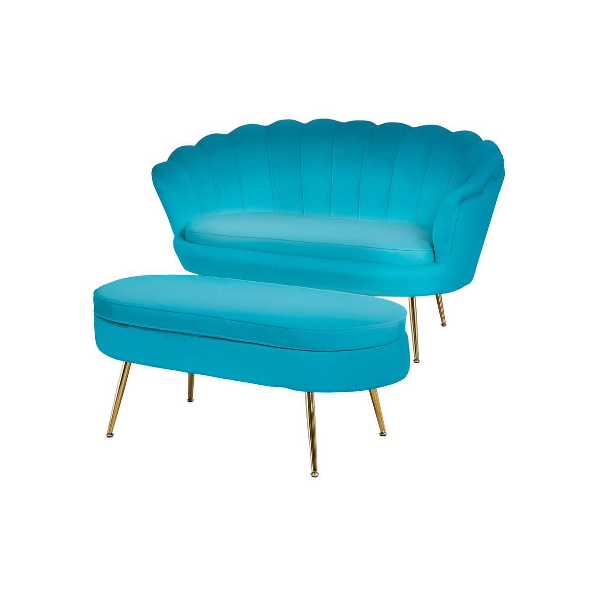 Ovale poef blauw fluweel met goudkleurig metalen frame – SalesFever
