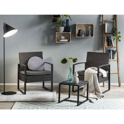 Zitgroep 3-delig rotan – 2 stoelen + bijzettafel (grijs/groen) — schuine hoek — MEUBELIER