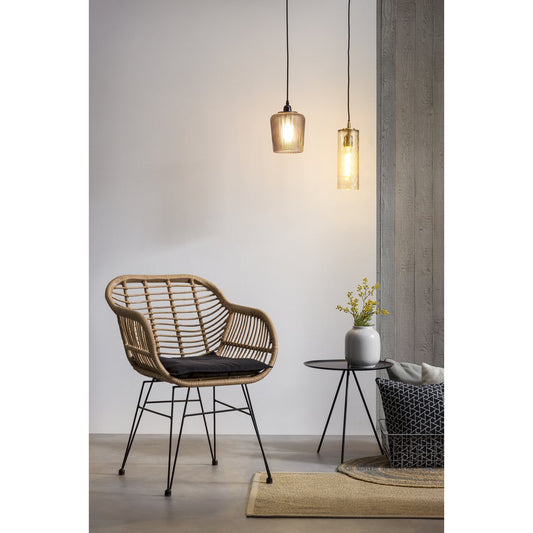 Set van 2 naturelkleurige SalesFever eetkamerstoelen met rotan look zitschaal en zwart metalen frame, geschikt voor binnen en buiten, inclusief zitkussen