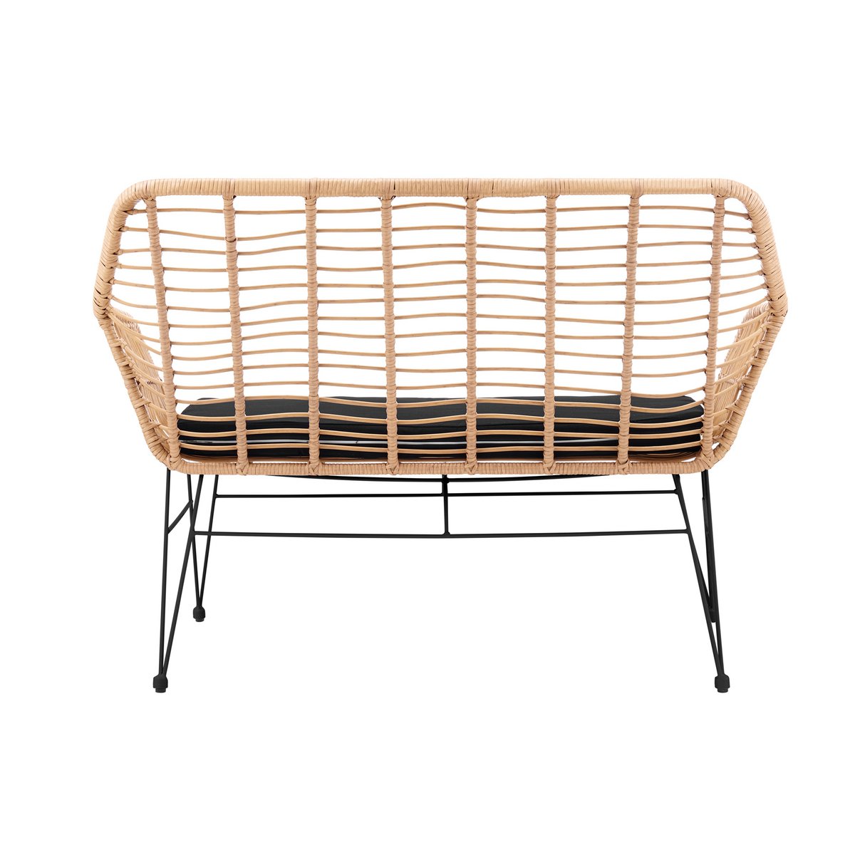 Bank in naturel rotan-look met zwart frame – 2-zits, binnen & buiten