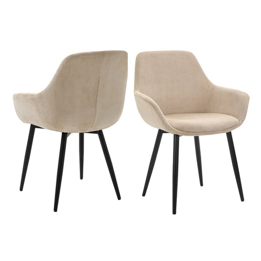 SalesFever Set van 2 Beige Corduroy Eetkamerstoelen met Zwart Metalen Frame