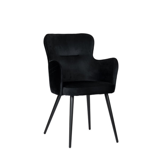Set van 2 zwarte Pole To Pole Vleugelstoel eetkamerstoelen met zwarte gepoedercoate aluminium poten en armleuningen, vanuit een lichte hoek gefotografeerd