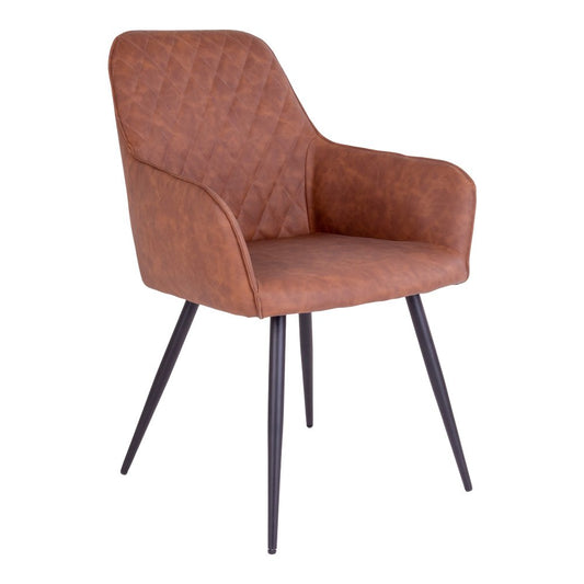 Set van 2 House Nordic Harbo eetkamerstoelen met bruin PU-leren zitting en zwarte stalen poten, te zien in een sfeervolle eethoek.