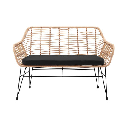 Bank in naturel rotan-look met zwart frame – 2-zits, binnen & buiten