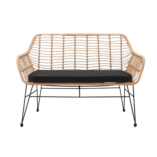 Bank in naturel rotan-look met zwart frame – 2-zits, binnen & buiten
