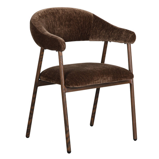 Set van twee Pole To Pole Scandi eetkamerstoelen Umber in bruin, met metalen frame in houtlook, staand in een modern interieur.