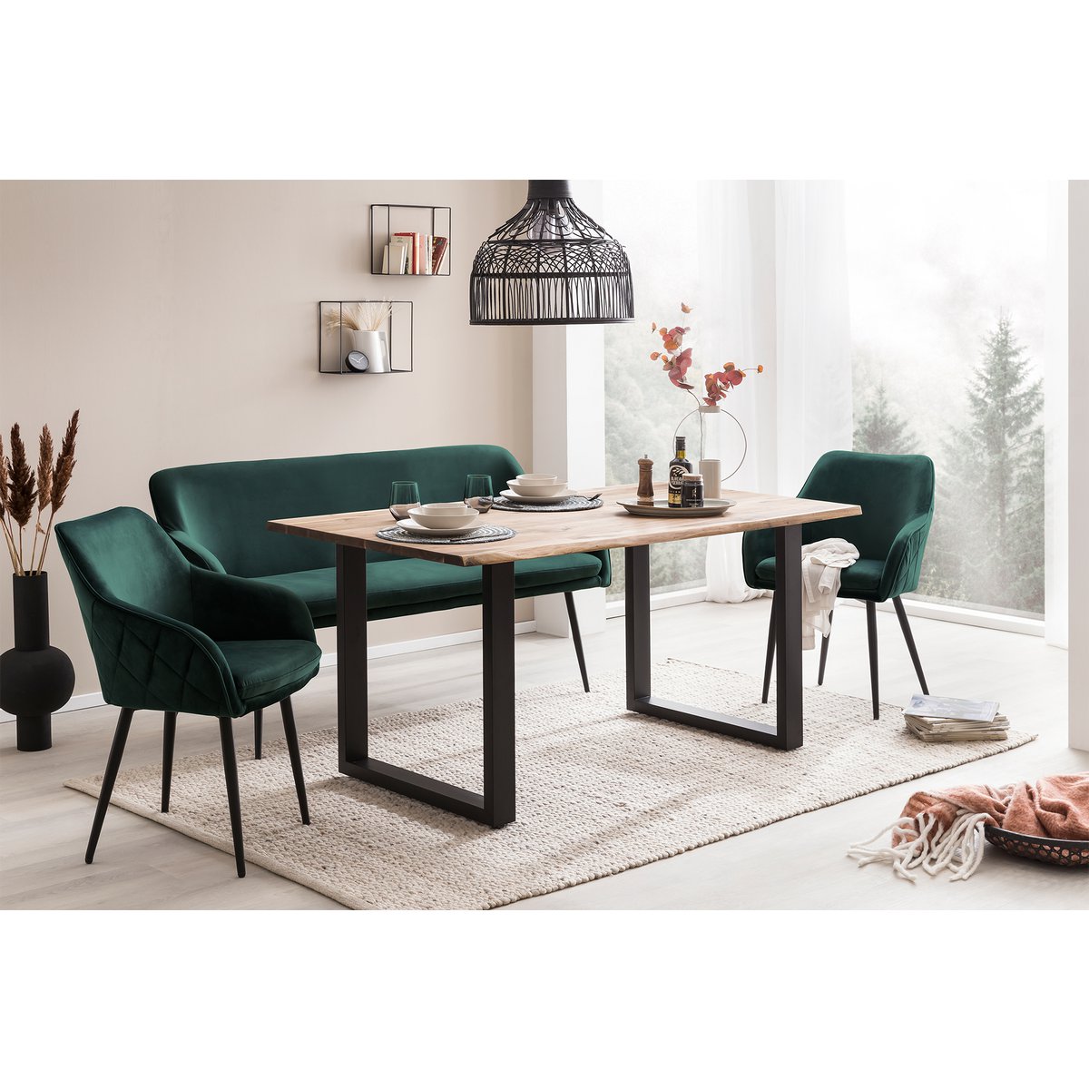 Bank 160 cm fluweel dennengroen – luxe eetkamerbank met armleuningen