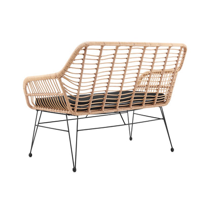 Bank in naturel rotan-look met zwart frame – 2-zits, binnen & buiten