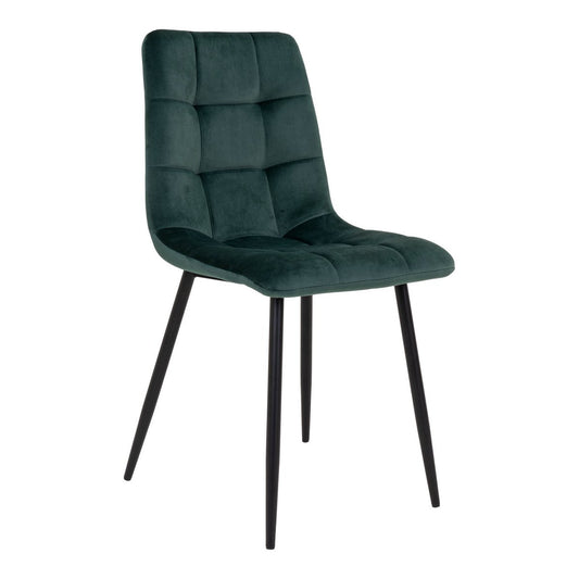 Set van 2 House Nordic Middelfart eetkamerstoelen met donkergroene fluwelen bekleding en zwarte metalen poten, modern design.