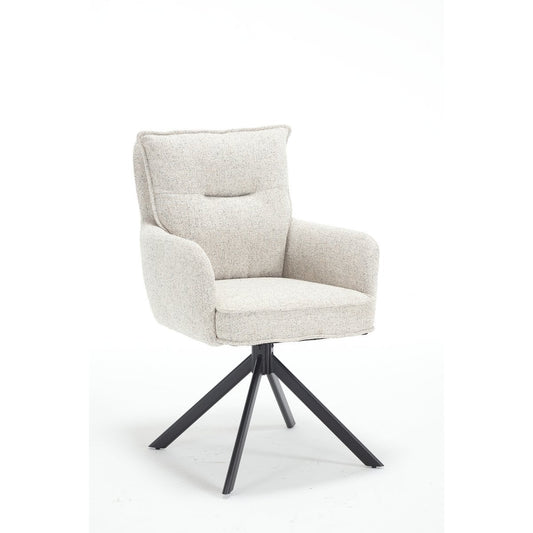 SalesFever draaibare eetkamerstoel in beige structuurstof met zwarte metalen poten, vanuit een lichte hoek gefotografeerd, met focus op de textuur