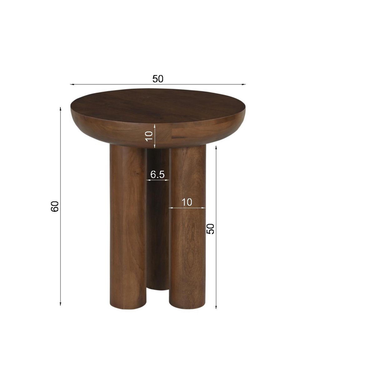 Zijtafel van massief mangohout – rond met 3 poten