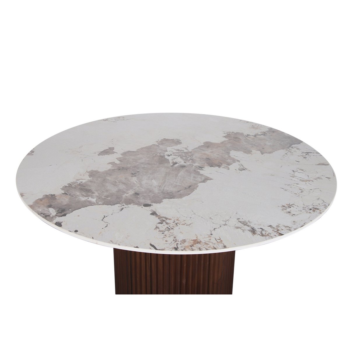 Urban Chique Ronde Tafel – Keramiek Marmerlook & Walnootfineer (Ø120) — zijaanzicht