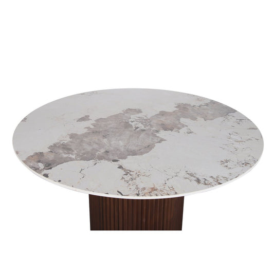 Urban Chique Ronde Tafel – Keramiek Marmerlook & Walnootfineer (Ø120) — zijaanzicht