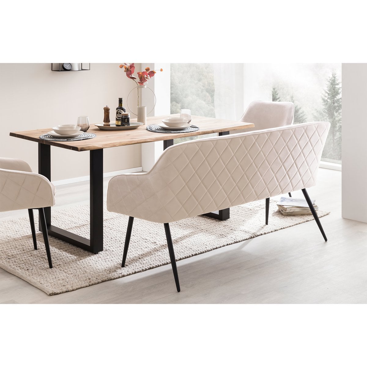 Bank 160 cm fluweel crème met ruitstiksel en armleuningen