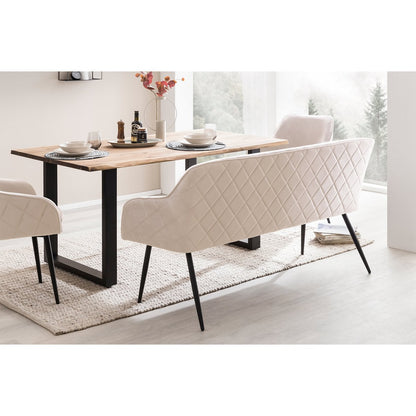 Bank 160 cm fluweel crème met ruitstiksel en armleuningen