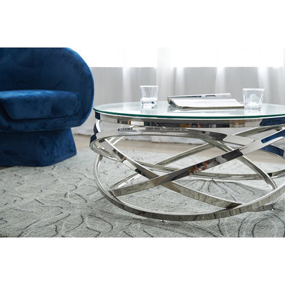 Salontafel zilver Ø 80 cm – rond glas met RVS frame
