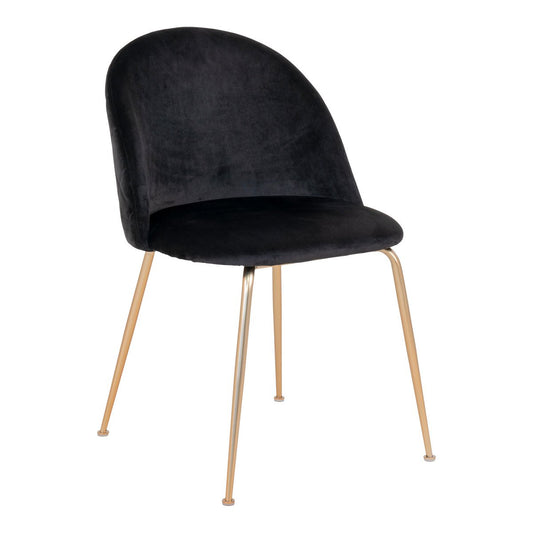 Set van 2 House Nordic Geneve eetkamerstoelen in zwart fluweel met messinglook poten, staand aan een moderne eettafel.