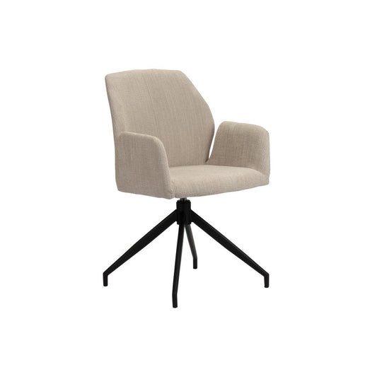 Pole To Pole Storm Draaistoel Beige, een moderne en comfortabele draaibare eetkamerstoel met zwarte metalen poten en gecapitonneerde bekleding, te zien in een sfeervolle eetkamer bij MEUBELIER.