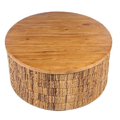 Abaca Magani salontafel rond – naturel abaca & teakhout — detailopname — MEUBELIER
