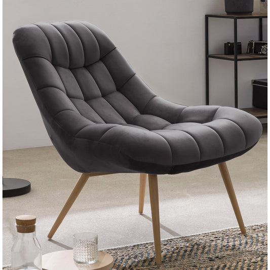 Fauteuil XXL fluweel grijs met houtlook poten – SalesFever