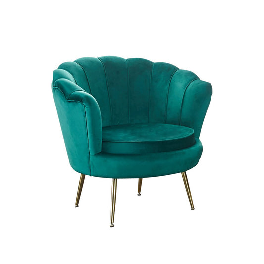 Fluwelen schelpfauteuil – Groen met goudkleurige poten