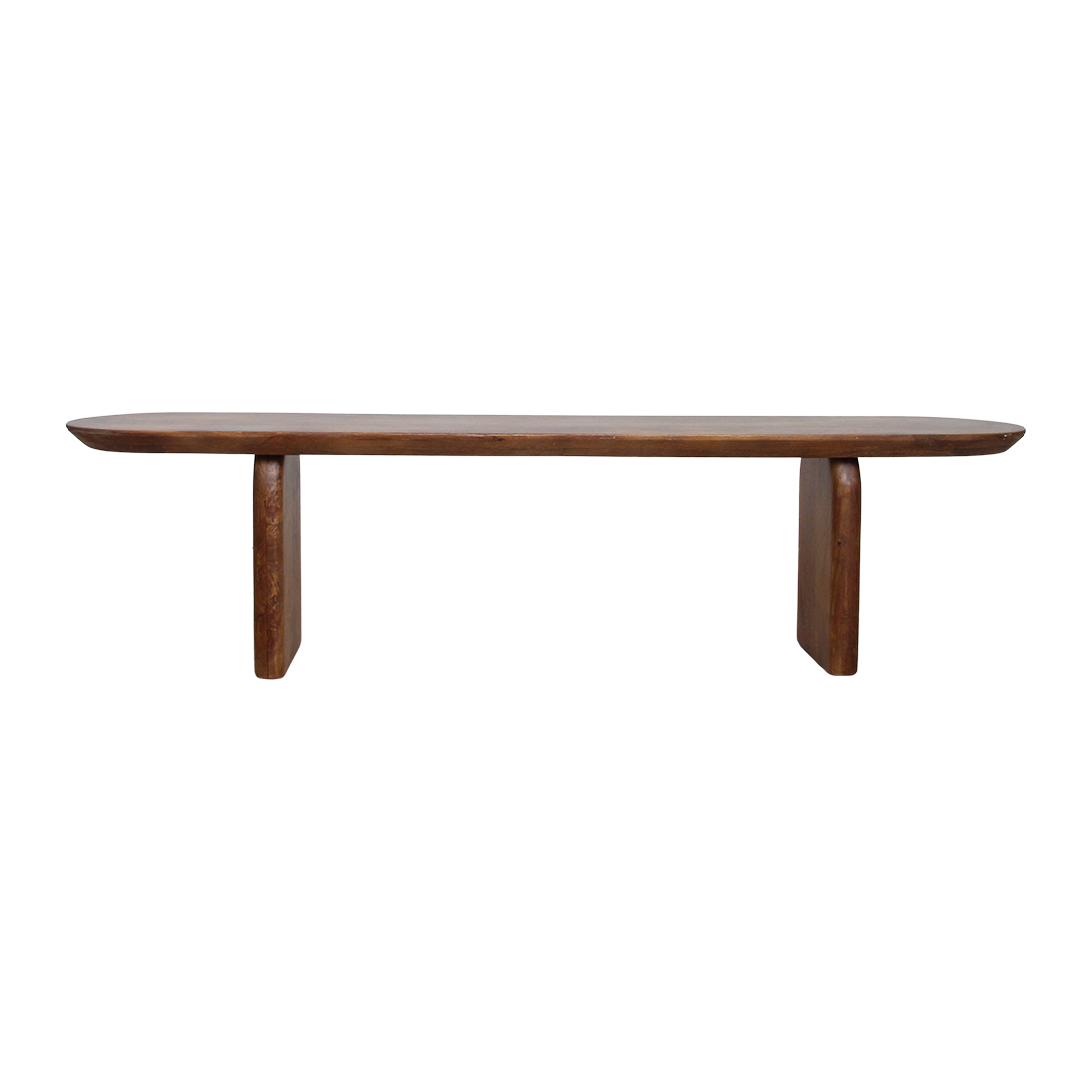 Bullnose eetkamerbank bruin van mangohout — detailopname — MEUBELIER