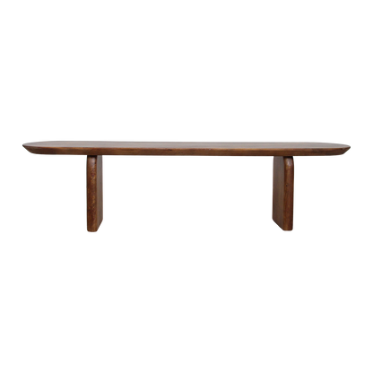 Bullnose eetkamerbank bruin van mangohout — detailopname — MEUBELIER