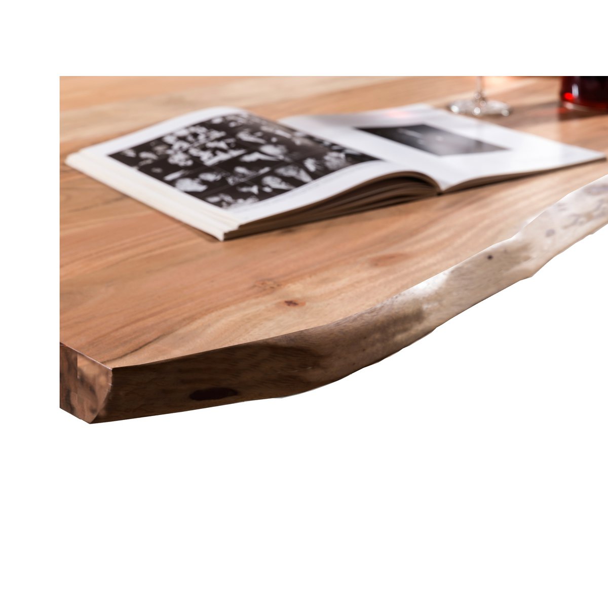 Acaciahouten eettafel 160x85 cm met natuurlijke boomrand – antiek zwart frame