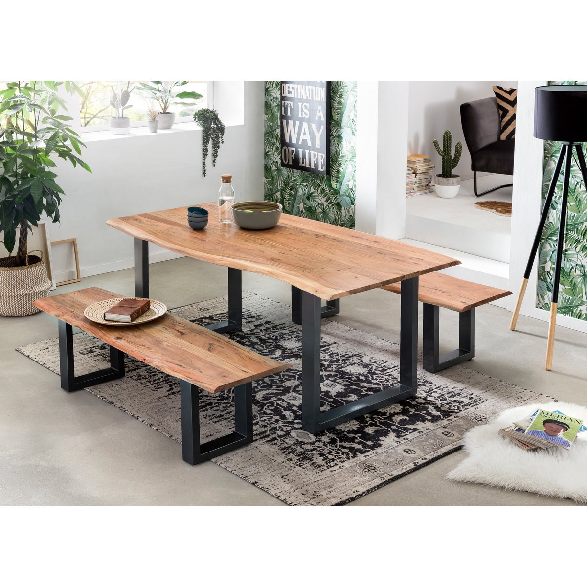 Bank 150 cm – acacia naturel met zwart stalen frame — houten bank kopen bij MEUBELIER