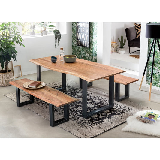 Bank 150 cm – acacia naturel met zwart stalen frame — houten bank kopen bij MEUBELIER