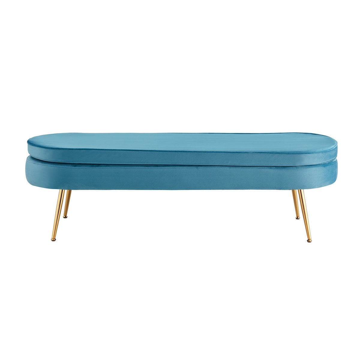 Poef ovaal lang van blauw fluweel – goudkleurig frame (142 cm)