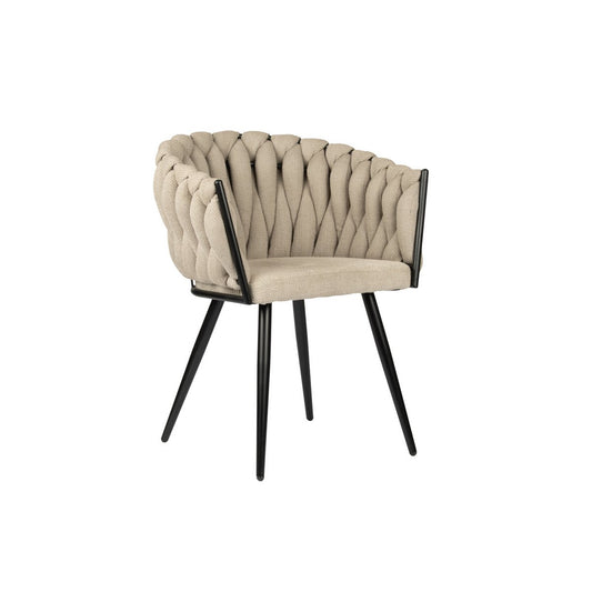 Set van twee Pole To Pole Wave eetkamerstoelen in beige, met een elegant geweven rugleuning en zwarte poten, staand rond een eettafel.