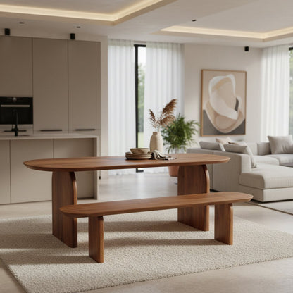 Bullnose eetkamerbank bruin van mangohout — achteraanzicht — MEUBELIER