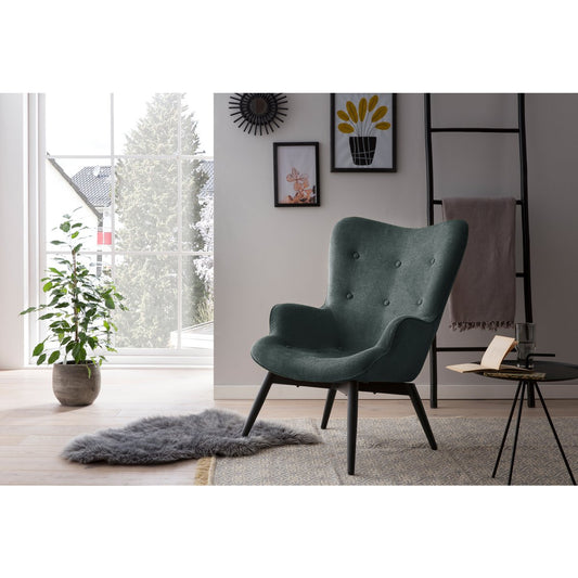 Fauteuil dennengroen structuurstof – Scandinavisch design met zwarte metalen poten