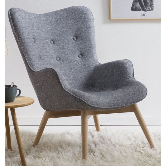 Fauteuil in grijze geweven stof – Scandinavisch design en ergonomisch comfort