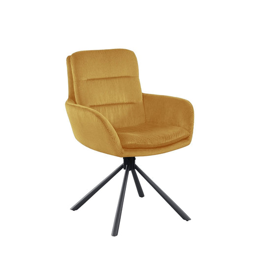 SalesFever eetkamerstoel goud corduroy-look, 360 graden draaibaar, met zwart poedergecoat metalen frame en armleuningen, staand in een moderne interieuromgeving.