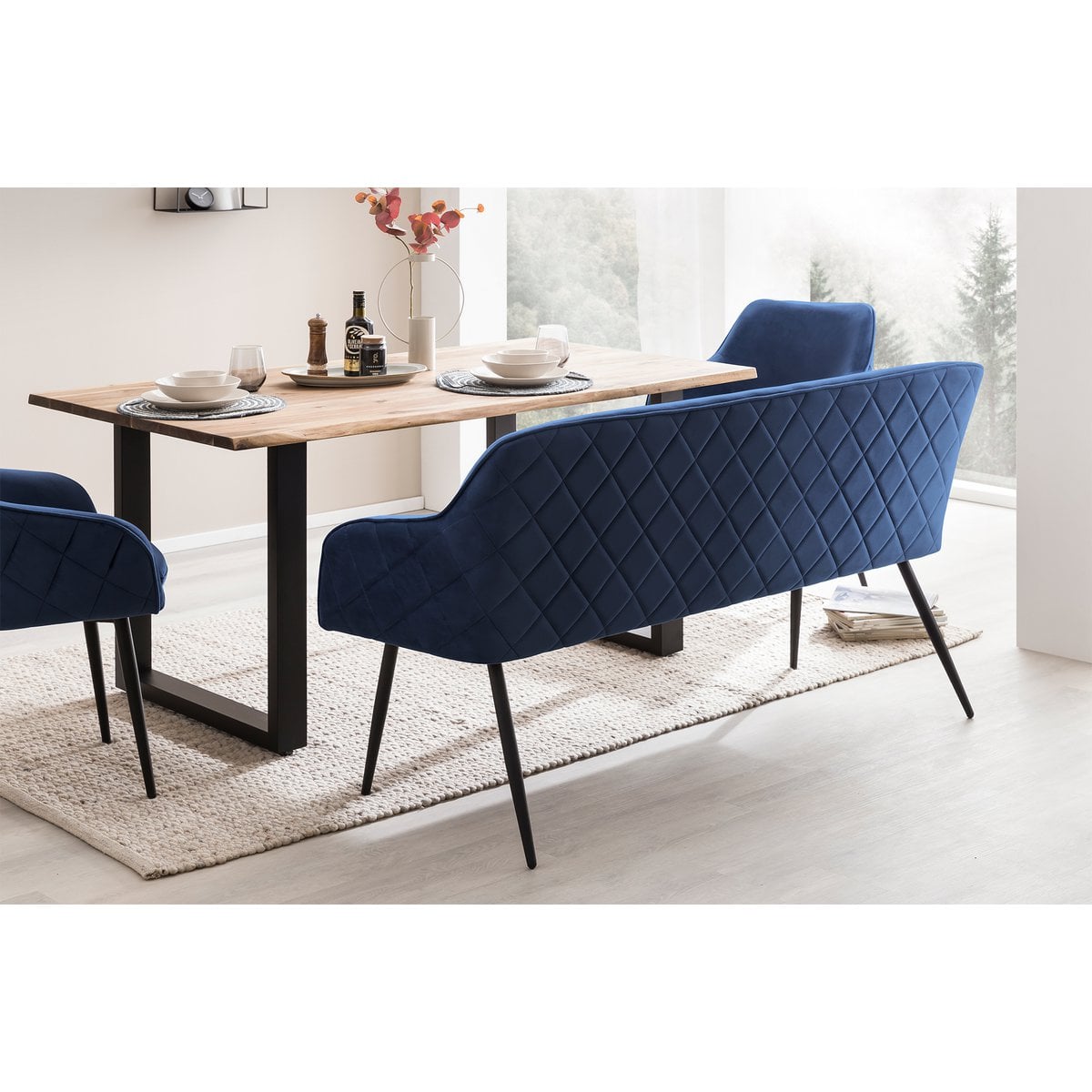 Bank 160 cm fluweel blauw met diamantstiksel