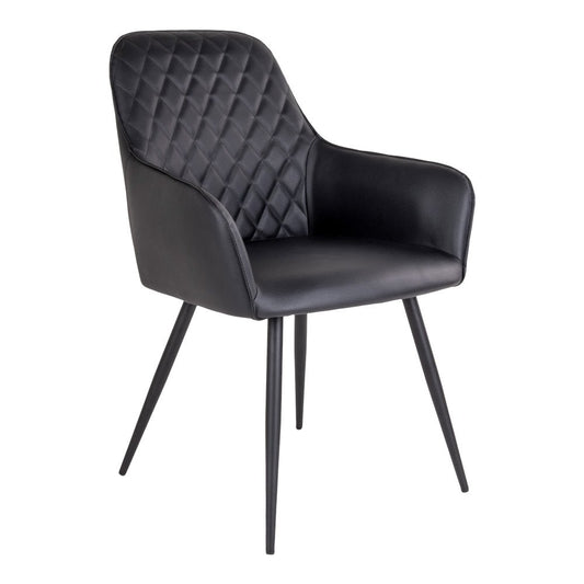 Set van twee zwarte House Nordic Harbo eetkamerstoelen met PU-leren zitting en stalen poten, modern design.